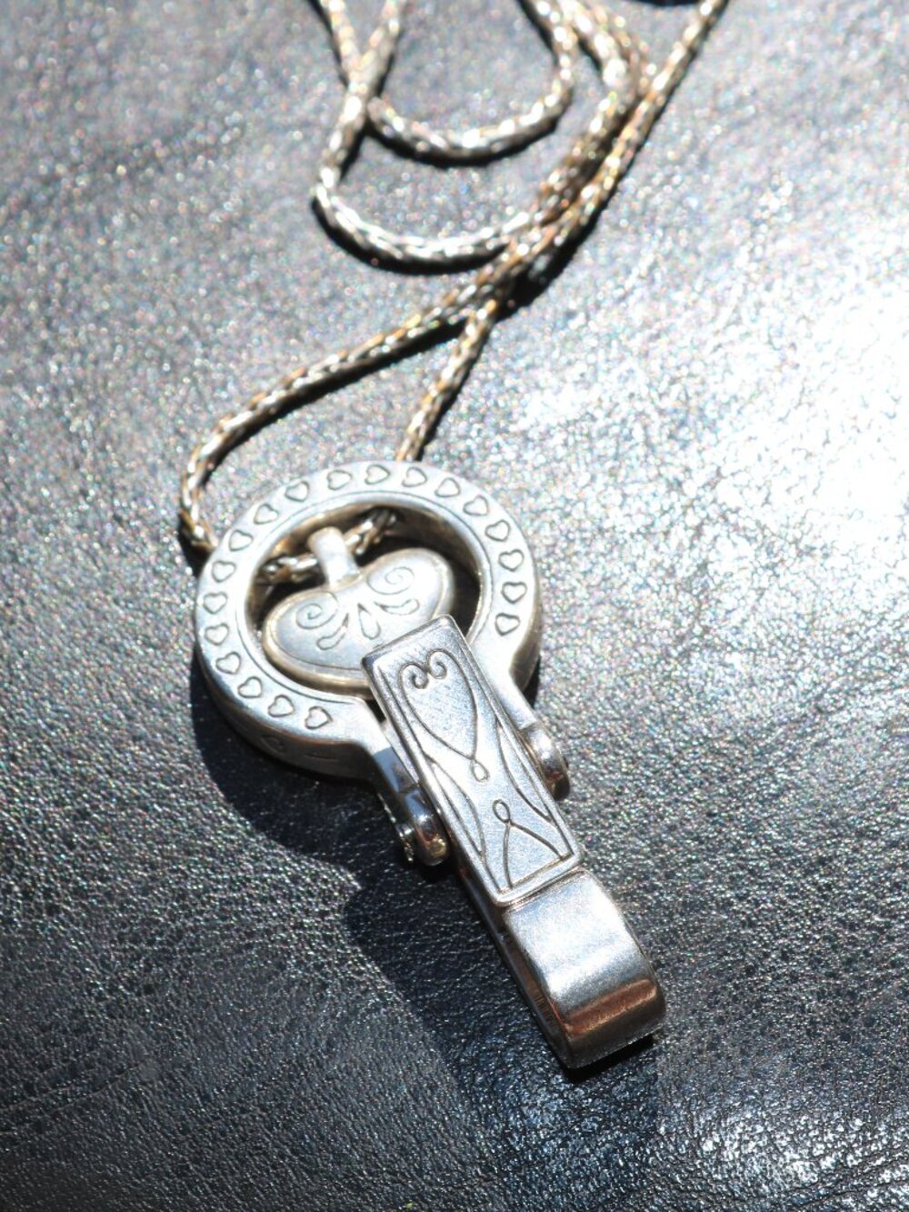 BRIGHTON Lanyard Silver Floating Crystal Heart Badge ID Holder Clip Necklace EUC